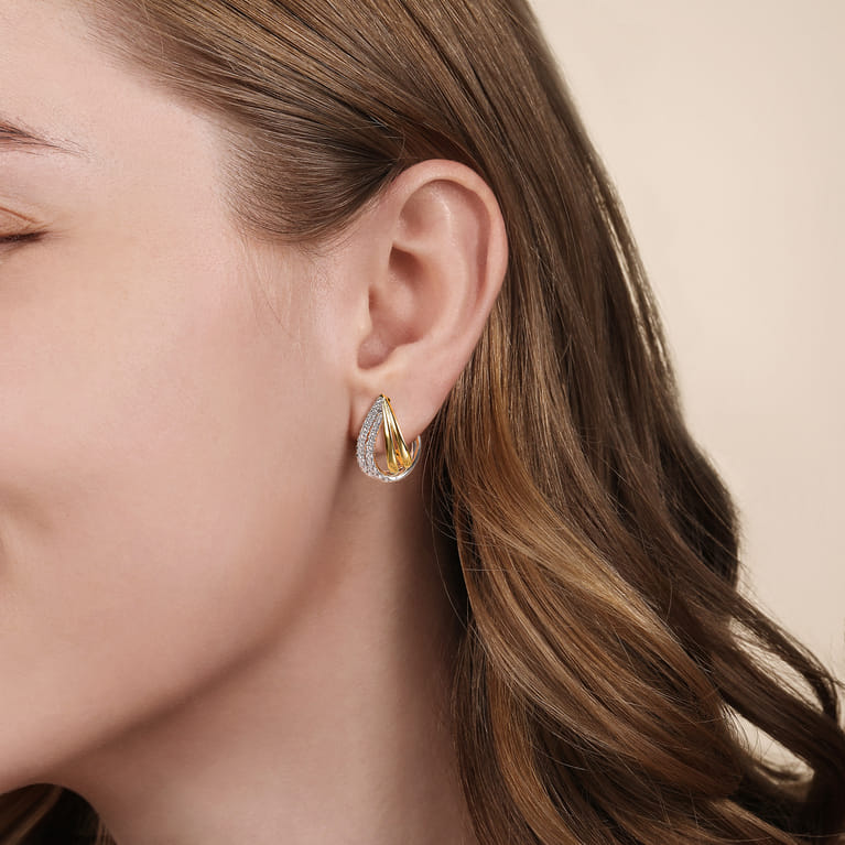 14K White  Yellow Gold Graduating Diamond J Hoop Stud Earrings - 0.75 ct - Shot 2