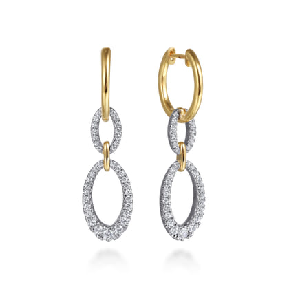 14K White  Yellow Gold Graduating Diamond Link Huggie Drop Earrings