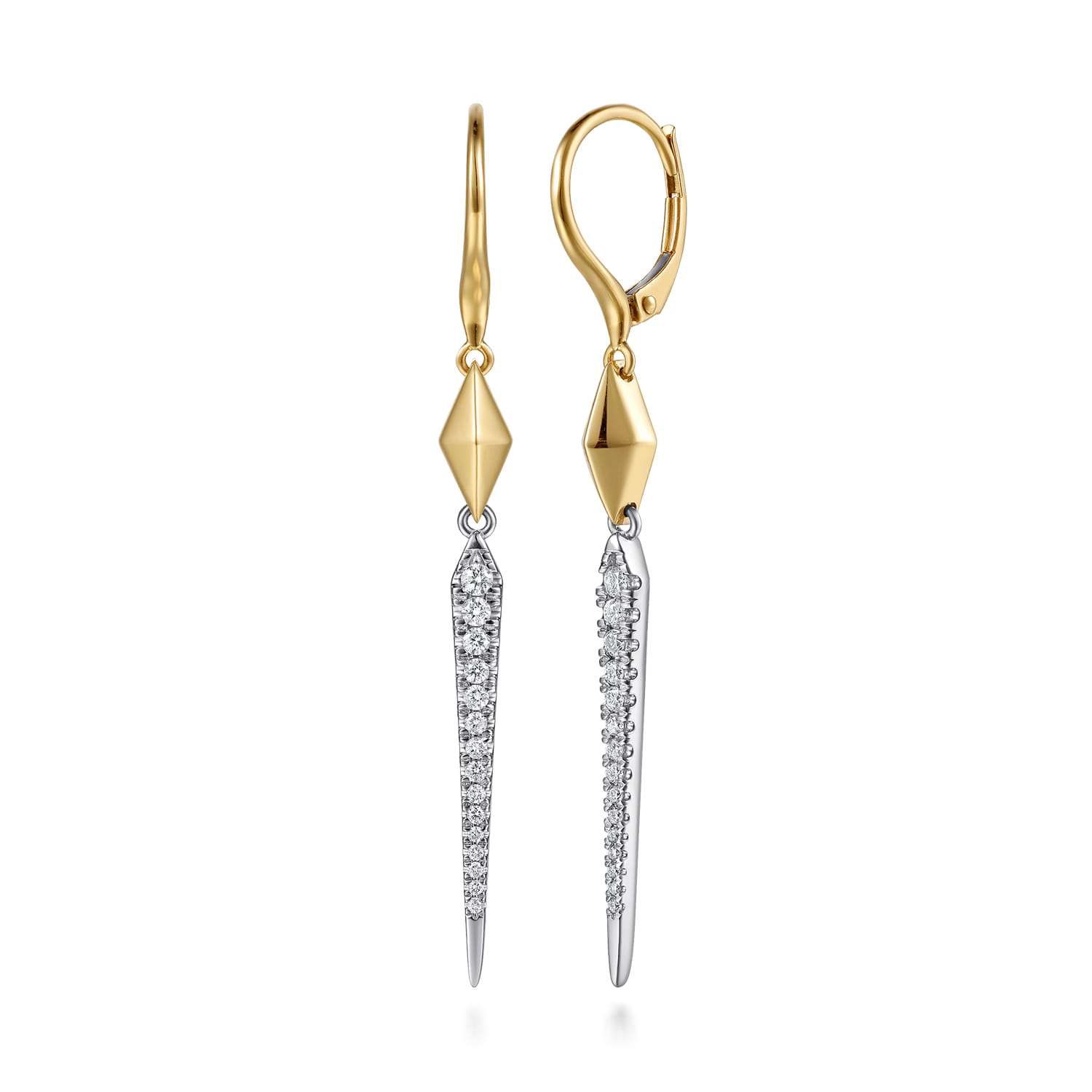 14K White Yellow Gold Graduating Diamond Spike and Rhombus Shape Leverback Drop Earrings - 0.3 ct - Shot 1