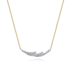 14K White Yellow Gold Graduating Diamond Three Spike Curved Bar Necklace