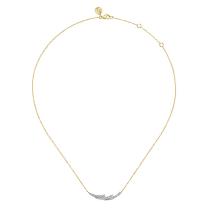 14K White Yellow Gold Graduating Diamond Three Spike Curved Bar Necklace