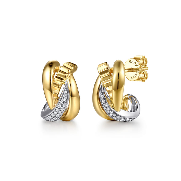 14K White Yellow Gold Graduating Diamond and Diamond Cut J Hoop Earrings - 0.16 ct - Shot 1