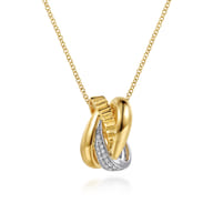 14K White Yellow Gold Graduating Diamond and Diamond Cut Pendant Necklace