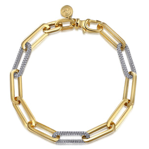 14K White-Yellow Gold Hollow Paperclip Chain Bracelet with Diamond Pave Link Stations