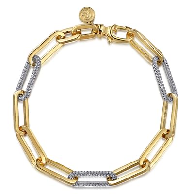 14K White-Yellow Gold Hollow Paperclip Chain Bracelet with Diamond Pave Link Stations