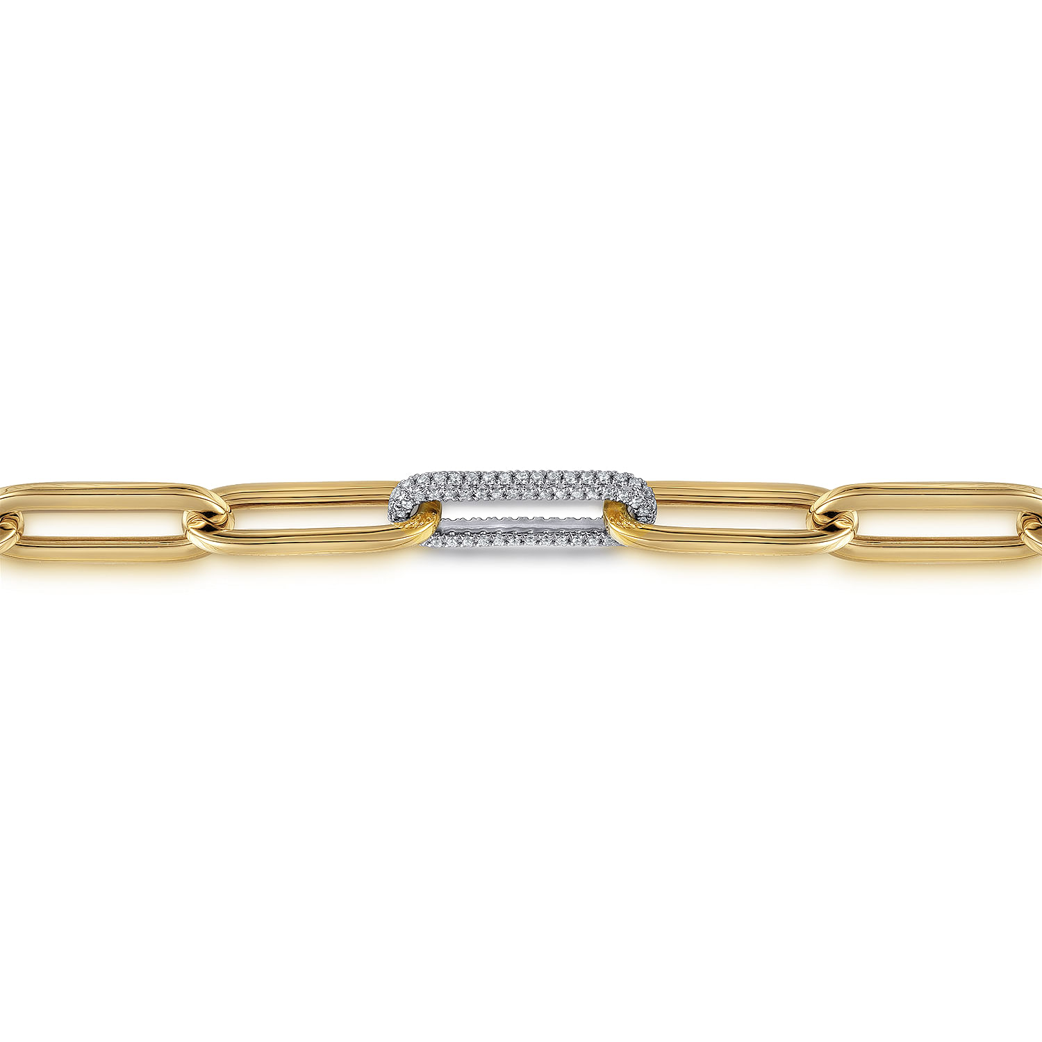 14K White-Yellow Gold Hollow Paperclip Chain Bracelet with Diamond Pave Link Stations - 1.4 ct - Shot 2
