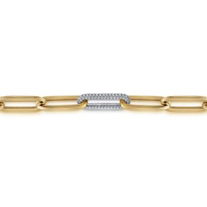 14K White-Yellow Gold Hollow Paperclip Chain Bracelet with Diamond Pave Link Stations