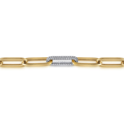 14K White-Yellow Gold Hollow Paperclip Chain Bracelet with Diamond Pave Link Stations