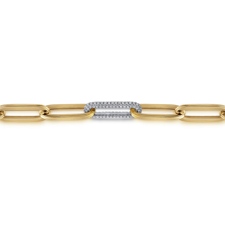 14K White-Yellow Gold Hollow Paperclip Chain Bracelet with Diamond Pave Link Stations - 1.4 ct - Shot 2
