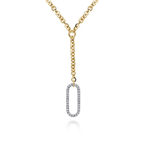 14K White  Yellow Gold Hollow Tube Link Diamond Y Necklace