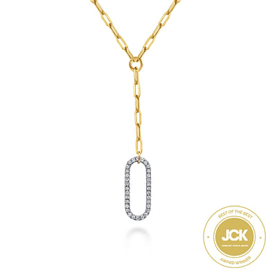 14K White  Yellow Gold Hollow Tube Link Diamond Y Necklace