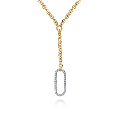14K White  Yellow Gold Hollow Tube Link Diamond Y Necklace
