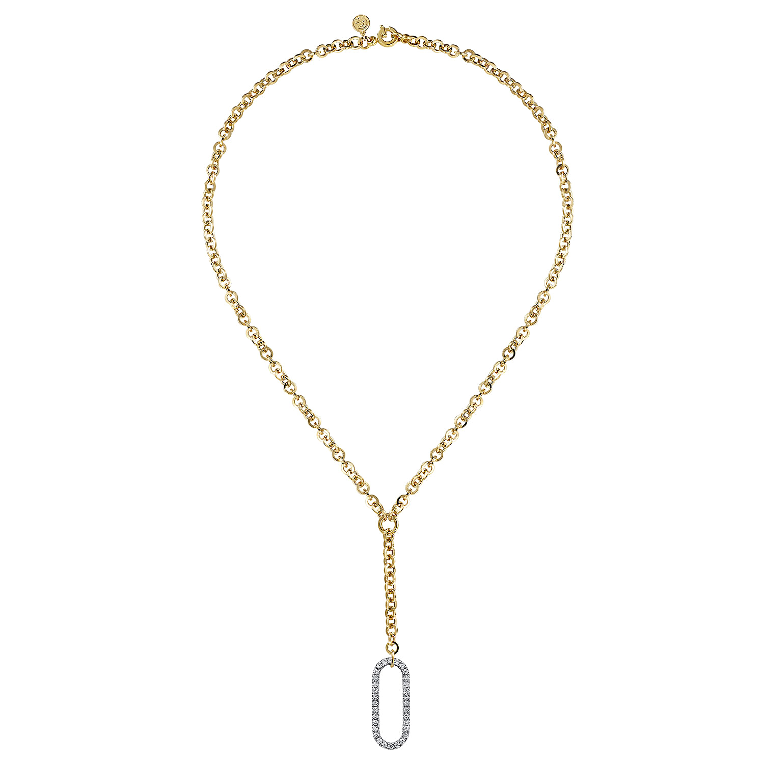 14K White  Yellow Gold Hollow Tube Link Diamond Y Necklace