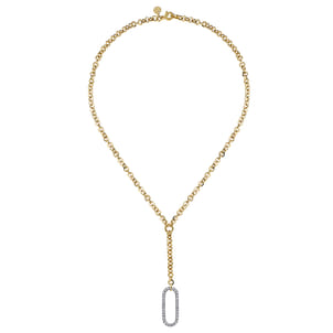 14K White  Yellow Gold Hollow Tube Link Diamond Y Necklace