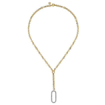 14K White  Yellow Gold Hollow Tube Link Diamond Y Necklace