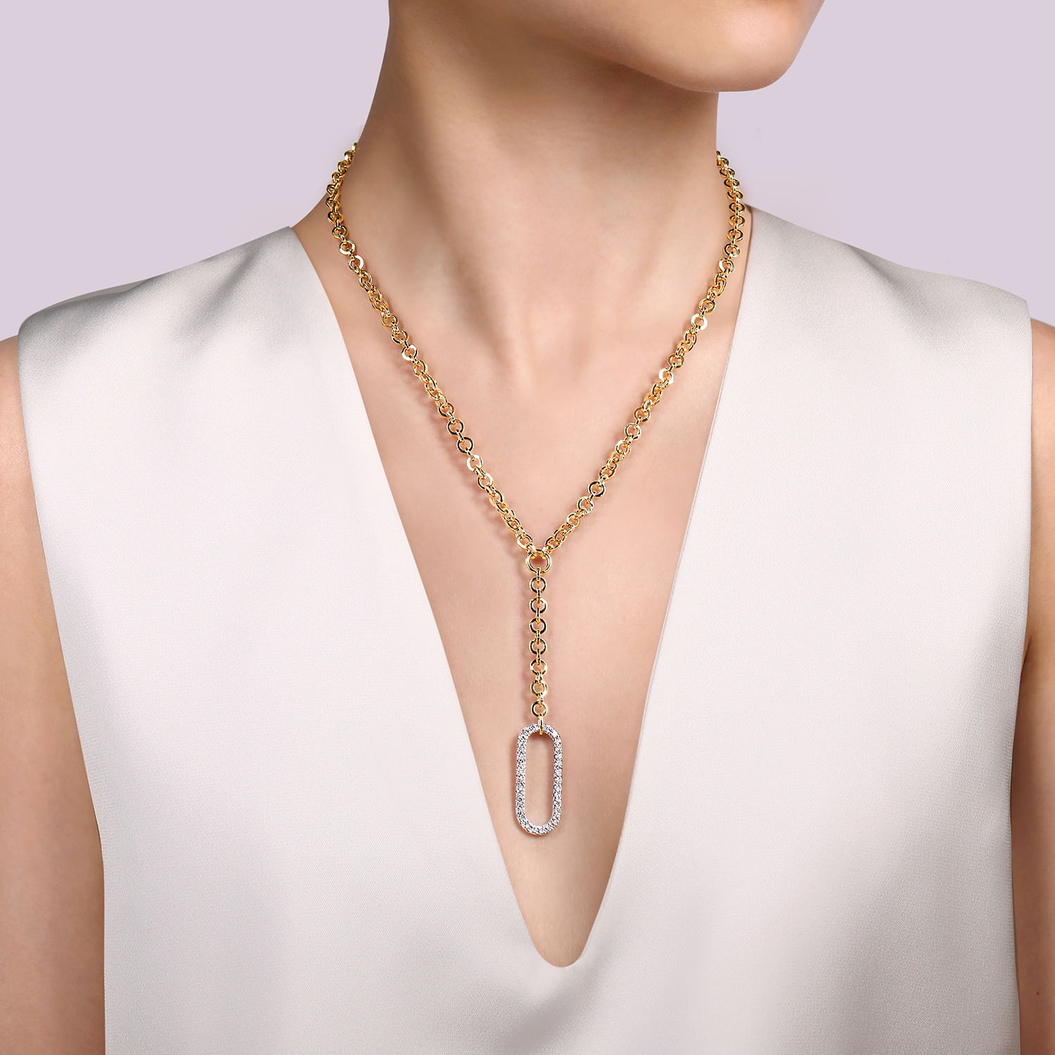 14K White  Yellow Gold Hollow Tube Link Diamond Y Necklace