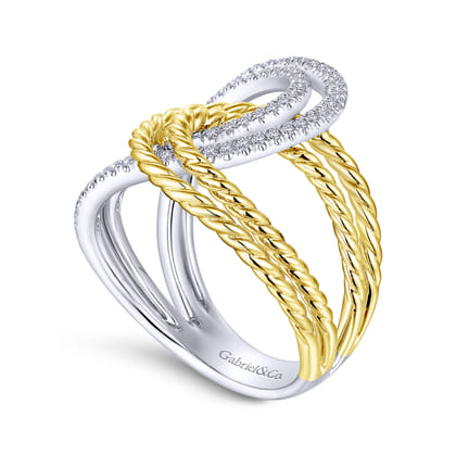 14K White-Yellow Gold Interlocking Loops Wide Band Diamond Ring