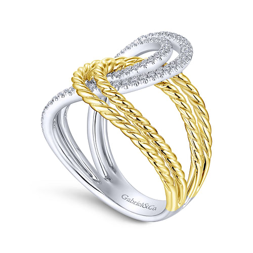 14K White-Yellow Gold Interlocking Loops Wide Band Diamond Ring - 0.35 ct - Shot 3