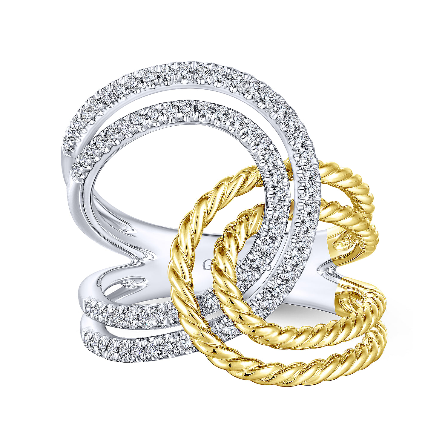 14K White-Yellow Gold Interlocking Loops Wide Band Diamond Ring - 0.35 ct - Shot 4