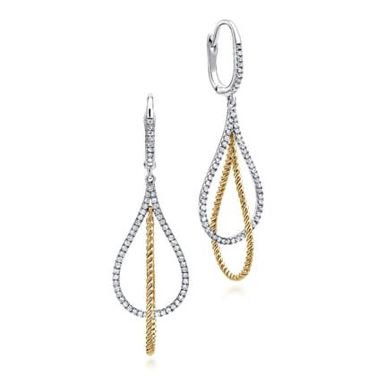 14K White-Yellow Gold Layered Open Teardrop Diamond Drop Earrings
