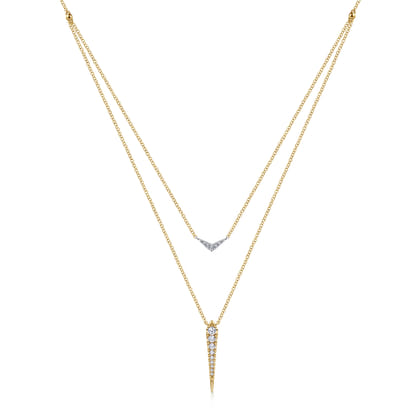 14K White Yellow Gold Layered Pave Diamond Bar and Spike Pendant Necklace