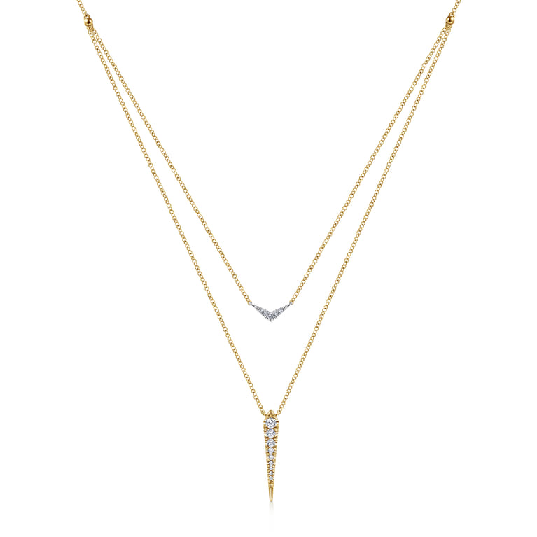 14K White Yellow Gold Layered Pave Diamond Bar and Spike Pendant Necklace - 0.23 ct - Shot 1