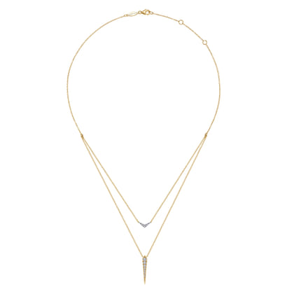 14K White Yellow Gold Layered Pave Diamond Bar and Spike Pendant Necklace