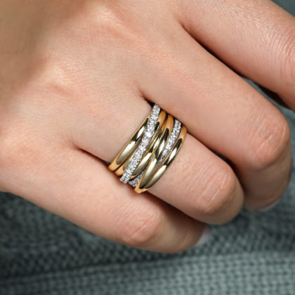 14K White-Yellow Gold Layered Wide Band Diamond Ring