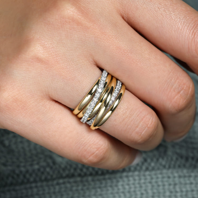 14K White-Yellow Gold Layered Wide Band Diamond Ring