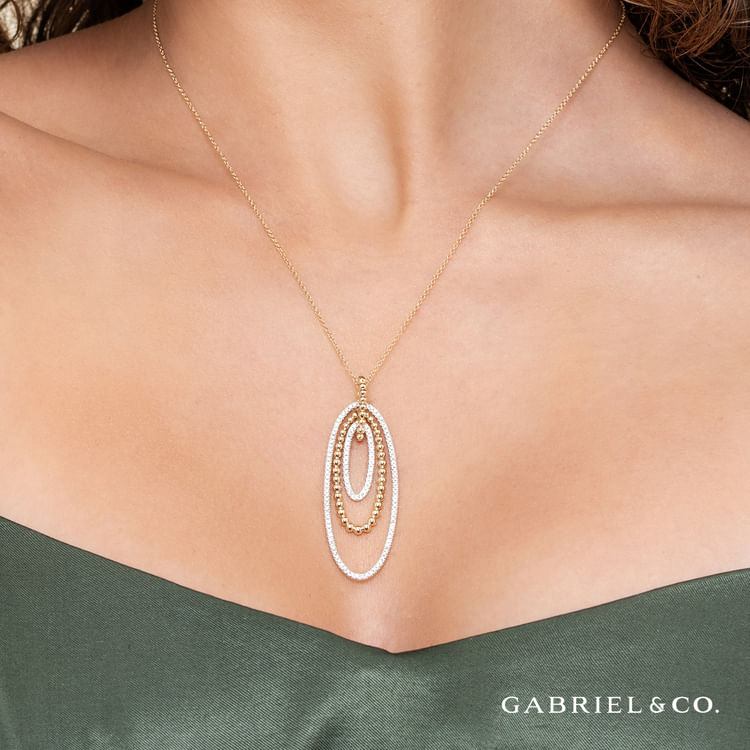 14K White-Yellow Gold Multi Oval Bujukan Diamond Pendant Necklace