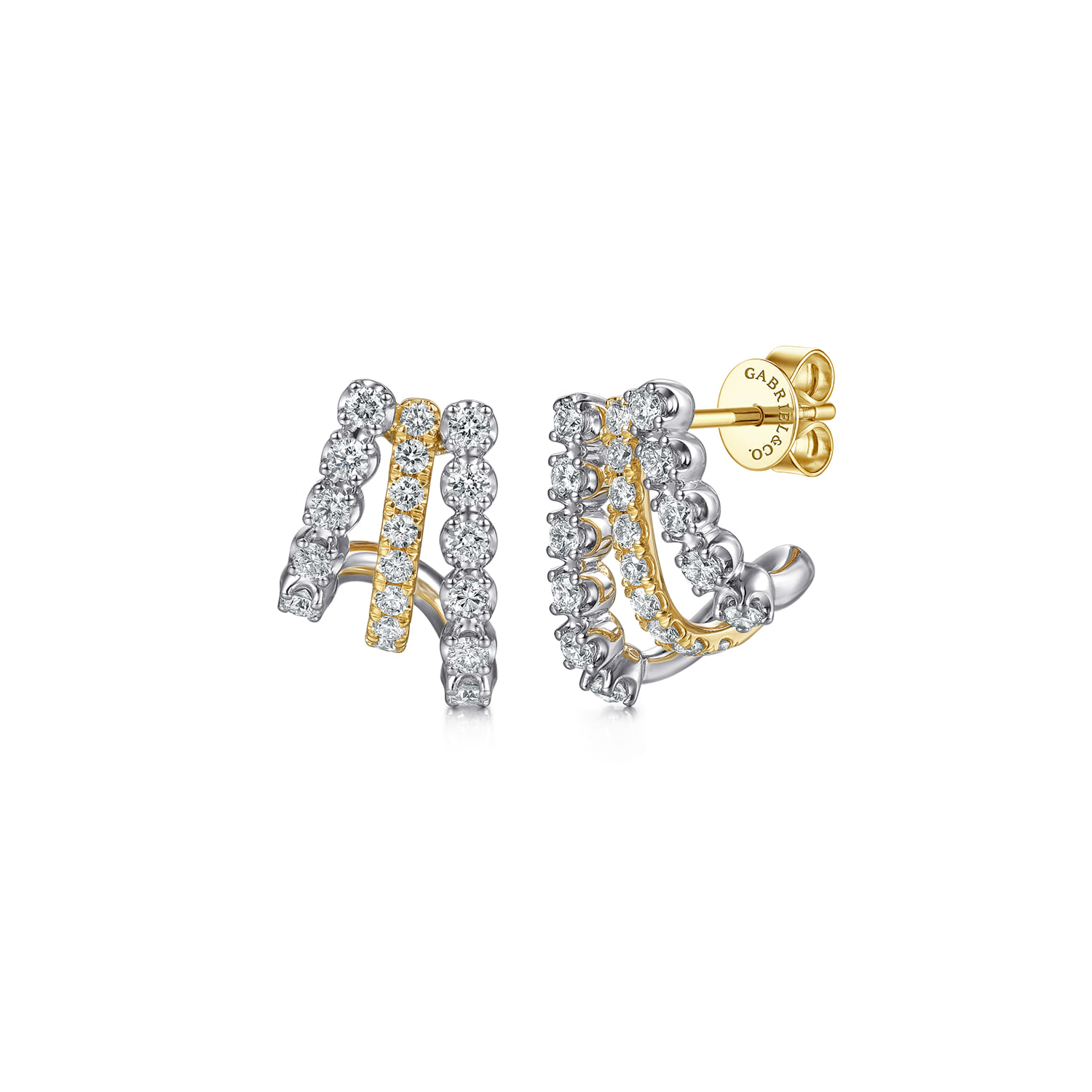 14K White Yellow Gold Multi Row Diamond J Hoop Earrings - 0.75 ct - Shot 1