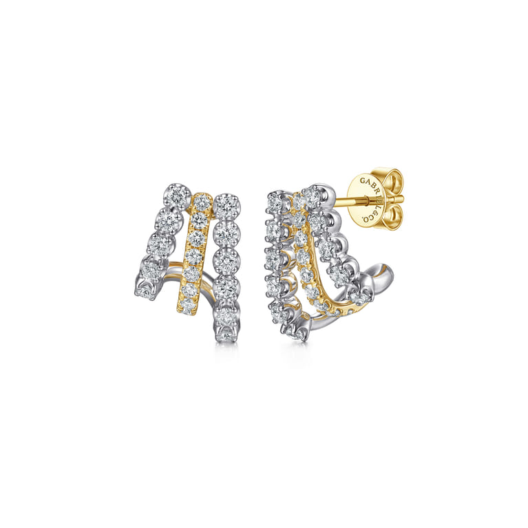14K White Yellow Gold Multi Row Diamond J Hoop Earrings - 0.75 ct - Shot 1