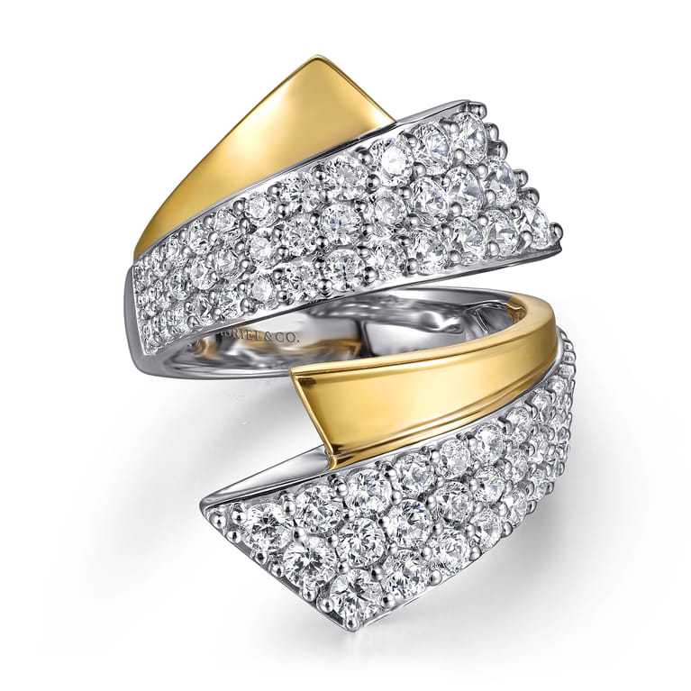 14K White  Yellow Gold Multi Row Graduating Diamond Bypass Ring - 2.05 ct - Shot 1
