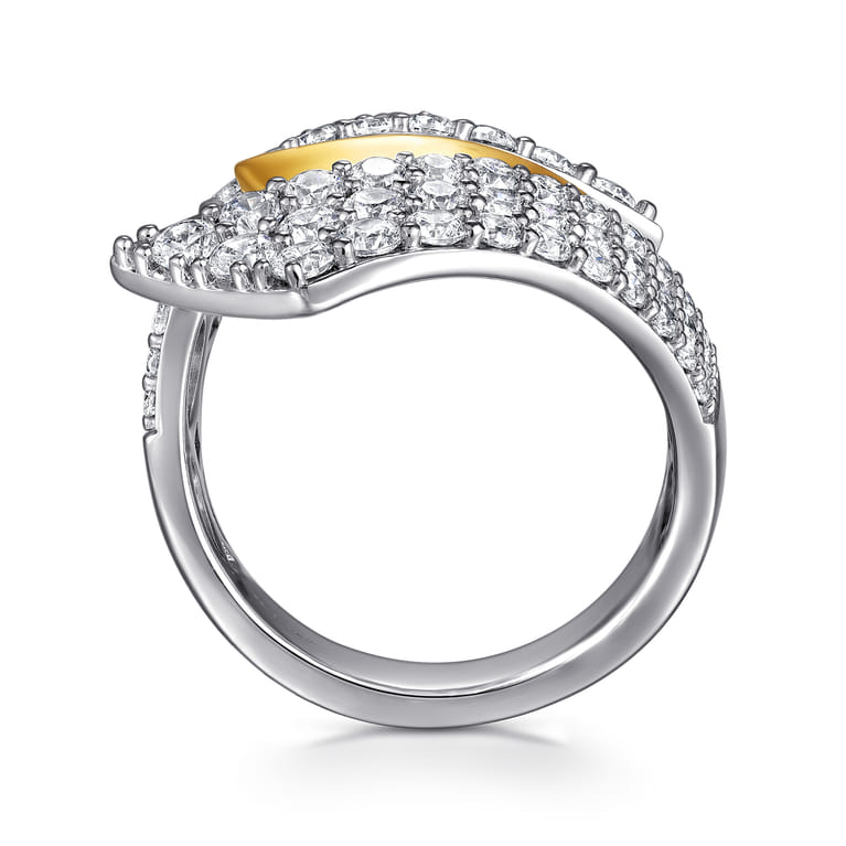 14K White  Yellow Gold Multi Row Graduating Diamond Bypass Ring - 2.05 ct - Shot 2