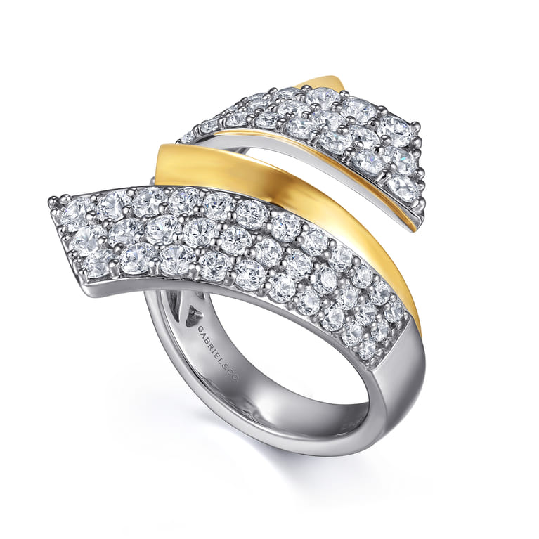 14K White  Yellow Gold Multi Row Graduating Diamond Bypass Ring - 2.05 ct - Shot 3