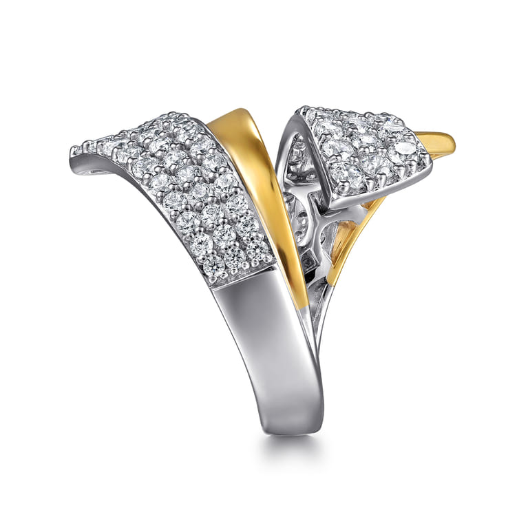 14K White  Yellow Gold Multi Row Graduating Diamond Bypass Ring - 2.05 ct - Shot 4