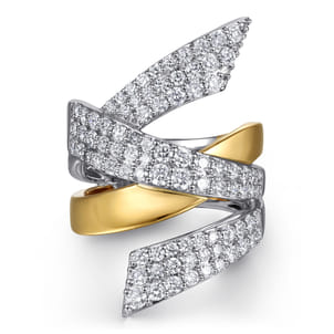 14K White  Yellow Gold Multi Row Graduating Diamond Bypass Ring