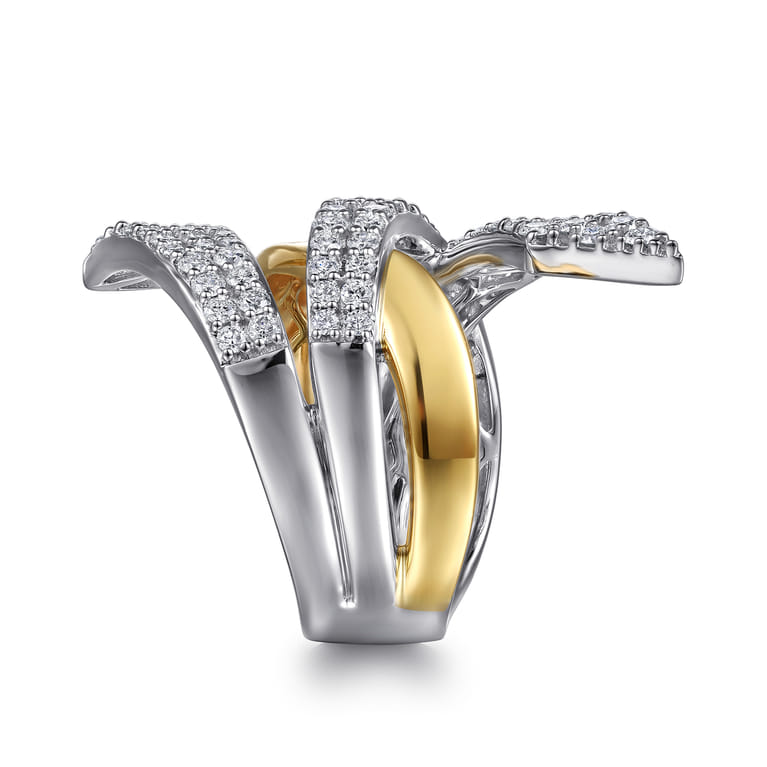 14K White  Yellow Gold Multi Row Graduating Diamond Bypass Ring - 1.5 ct - Shot 4