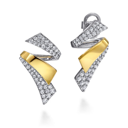 14K White  Yellow Gold Multi Row Graduating Diamond Bypass Stud Earrings