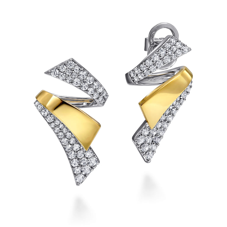 14K White  Yellow Gold Multi Row Graduating Diamond Bypass Stud Earrings - 1.75 ct - Shot 1