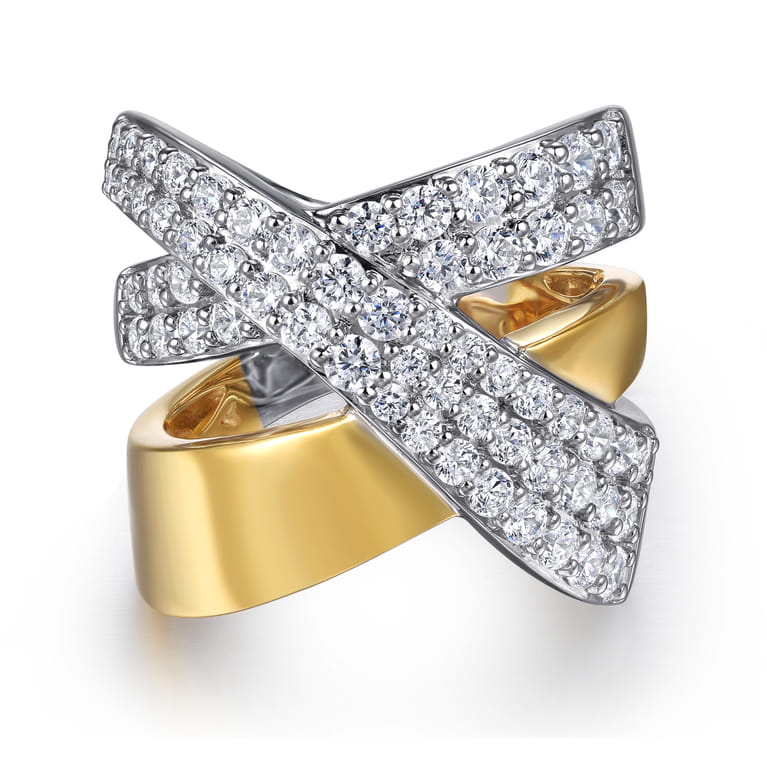 14K White  Yellow Gold Multi Row Graduating Diamond Criss Cross Ring - 1.75 ct - Shot 1