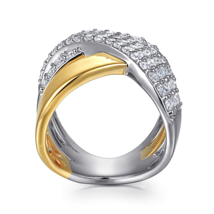 14K White  Yellow Gold Multi Row Graduating Diamond Criss Cross Ring