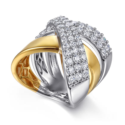14K White  Yellow Gold Multi Row Graduating Diamond Criss Cross Ring