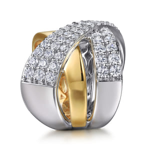 14K White  Yellow Gold Multi Row Graduating Diamond Criss Cross Ring