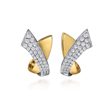 14K White  Yellow Gold Multi Row Graduating Diamond J Hoop Stud Earrings