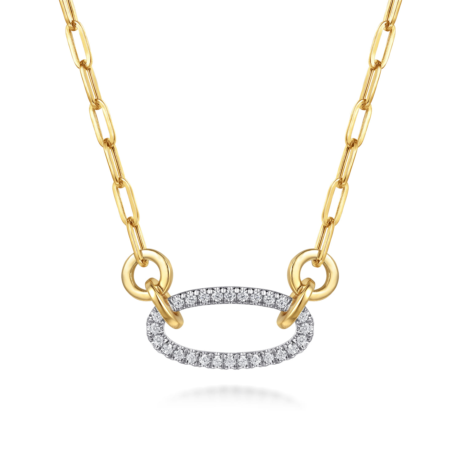14K White  Yellow Gold Open Oval Shape Diamond Hollow Paperclip Chain Necklace - 0.2 ct - Shot 1