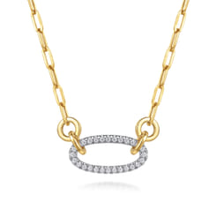 14K White  Yellow Gold Open Oval Shape Diamond Hollow Paperclip Chain Necklace