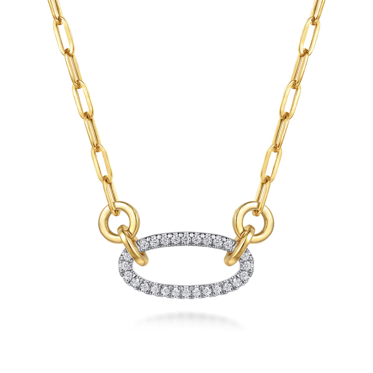 14K White  Yellow Gold Open Oval Shape Diamond Hollow Paperclip Chain Necklace - 0.2 ct - Shot 1