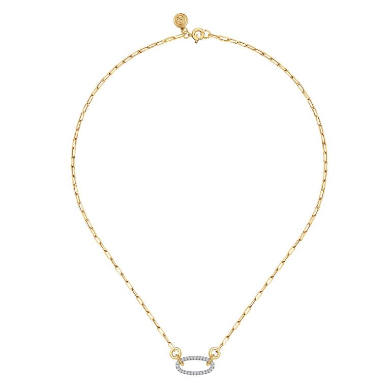 14K White  Yellow Gold Open Oval Shape Diamond Hollow Paperclip Chain Necklace - 0.2 ct - Shot 2