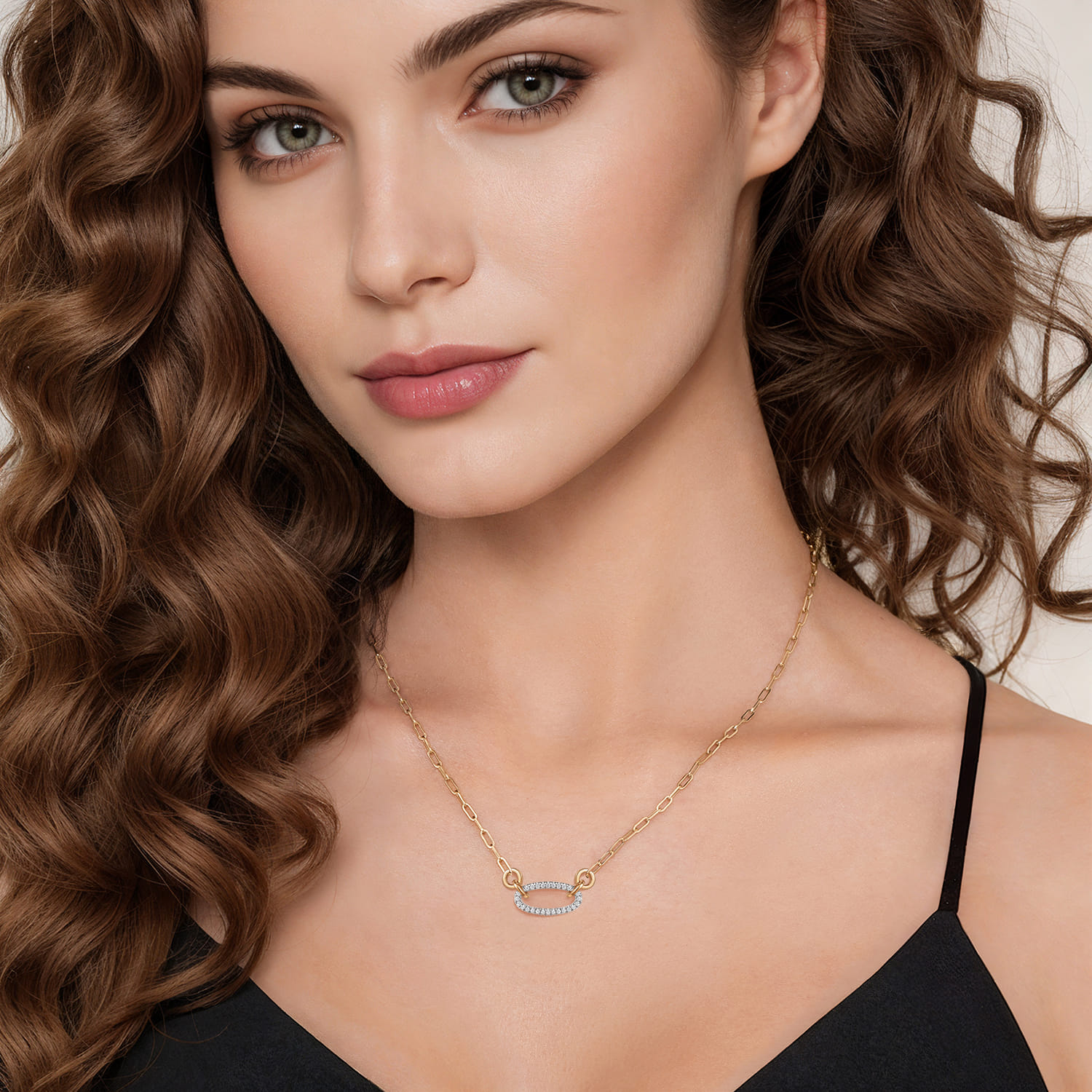 14K White  Yellow Gold Open Oval Shape Diamond Hollow Paperclip Chain Necklace - 0.2 ct - Shot 3